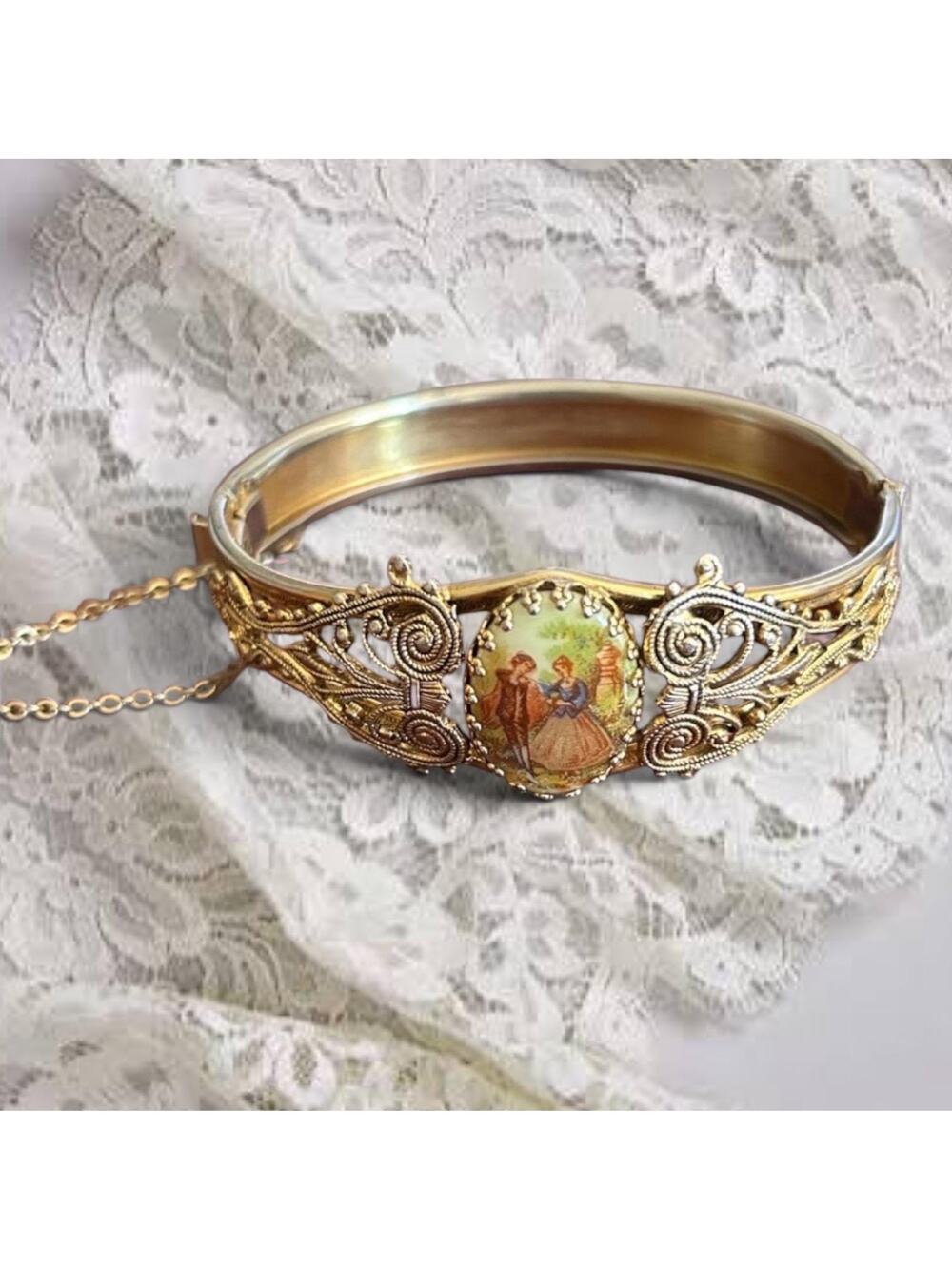 Vintage Romantic Courting Couple Victorian Revival Hinged Bangle Bracelet.